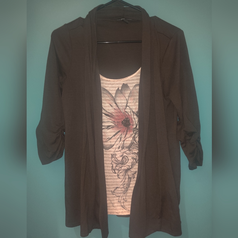 Floral Graphic Top with Brown Cardigan